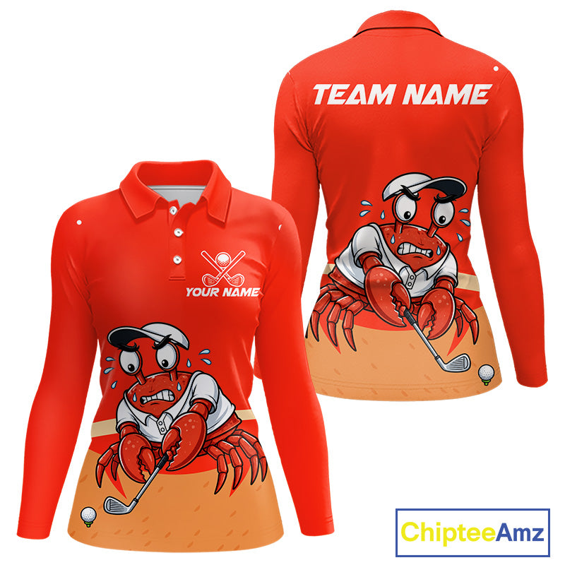 Personalized Red Crab women's golf polo shirt, funny crab mascot, golf team uniform, lightweight golf clothing, beach golf apparel