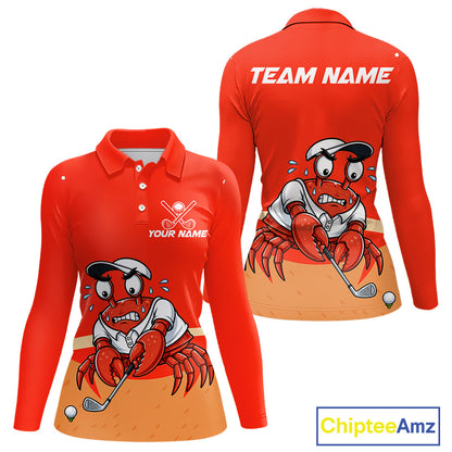 Personalized Red Crab women's golf polo shirt, funny crab mascot, golf team uniform, lightweight golf clothing, beach golf apparel