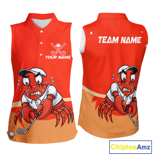Female golfer wearing Red Crab golf polo, seaside golf outfit, personalized golf apparel, golf vacation clothing, crab golf mascot