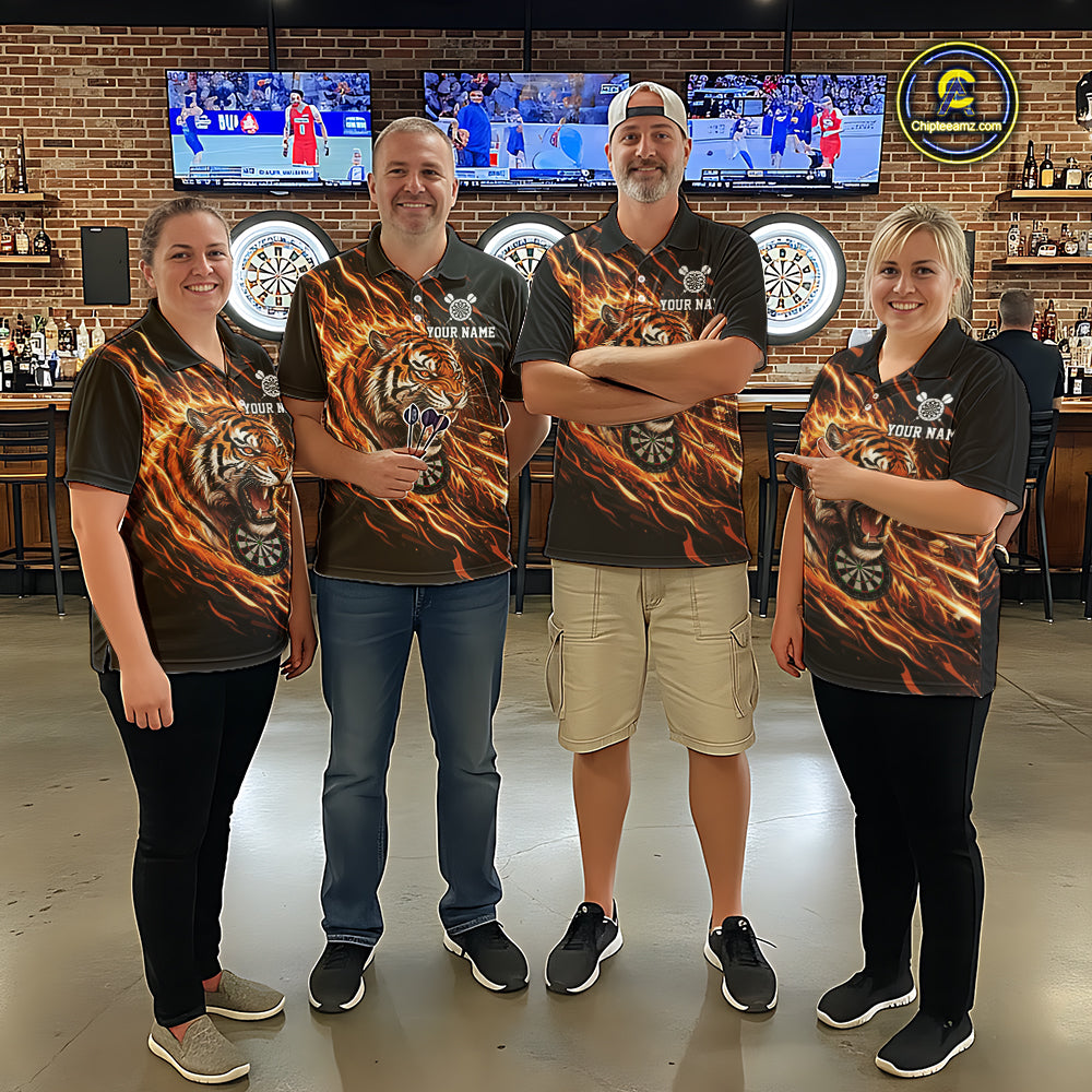 Orange Flaming Tiger Funny Darts Custom Men's Dart Polo Shirts Team Dart League Jerseys NYN2076