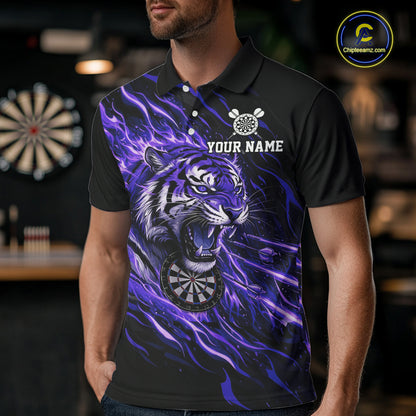 Purple Flaming Tiger Funny Darts Custom Men's Dart Polo Shirts Team Dart League Jerseys NYN2077