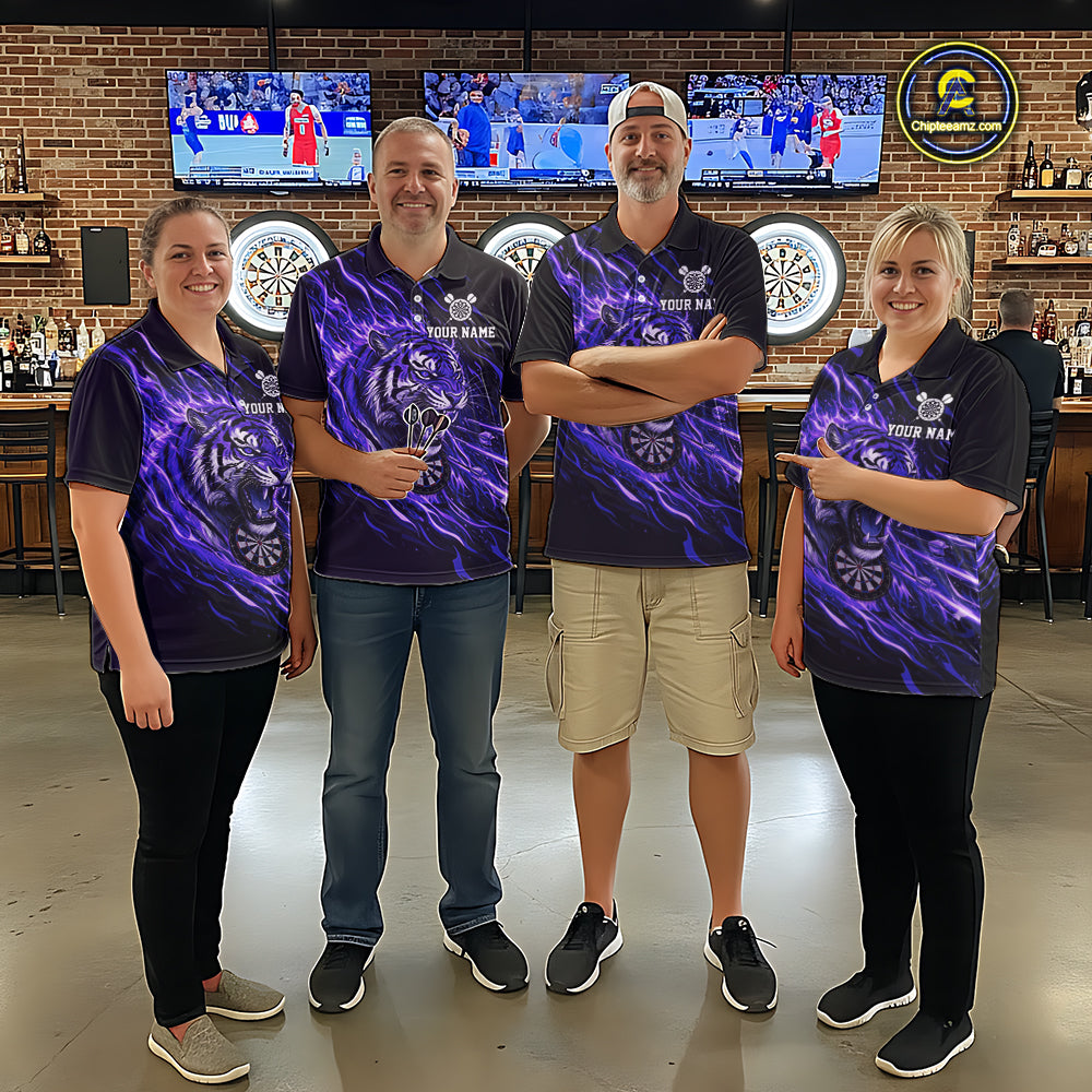 Purple Flaming Tiger Funny Darts Custom Women's Dart Polo Shirts Team Dart League Jerseys NYN2077