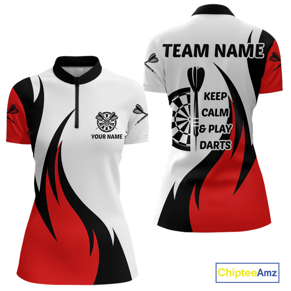 Keep Calm & Play Darts Custom Black-Red Dartboard Dart Shirts For Women Dart Team Jerseys NYN0061