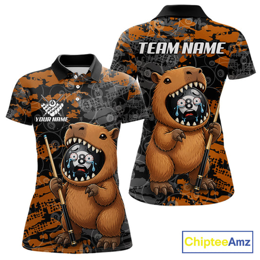 Custom Black Brown Capybara Women's Billiard Polo Shirt, Funny Capybara 8 Ball Pool Jersey, Personalized Team Apparel, Cute Animal Theme