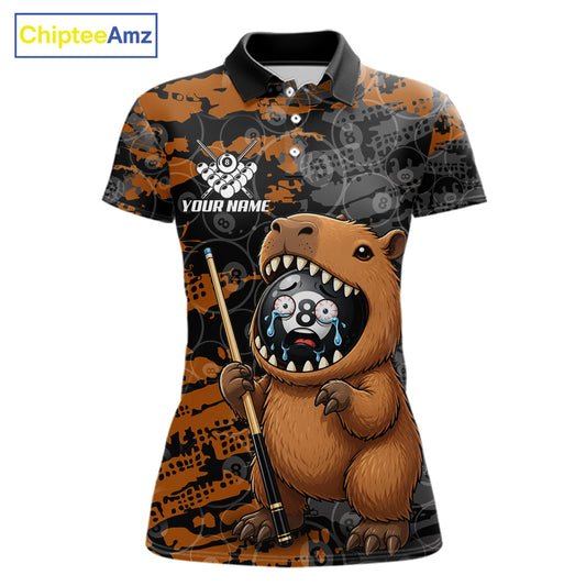 Custom Black Brown Capybara Women's Billiard Polo Shirt, Funny Capybara 8 Ball Pool Jersey, Personalized Team Apparel, Cute Animal Theme