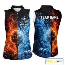 Load image into Gallery viewer, Blue water and red flames womens golf sleeveless polo shirt custom golf outfit