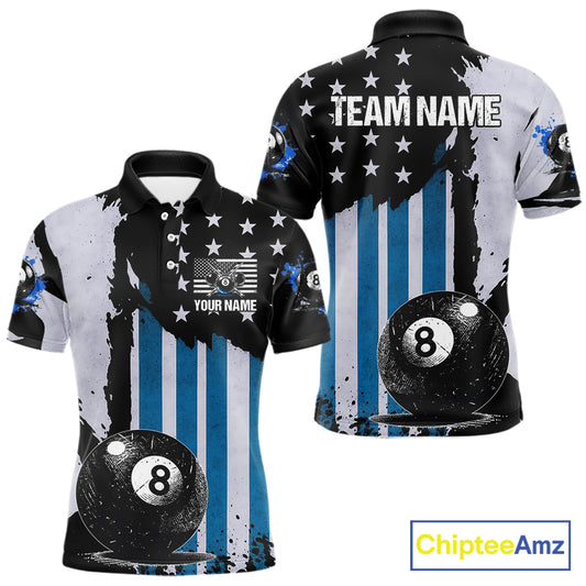 Patriotic Grunge Blue 8 Ball Men Billiard Polo & 1/4 Zip Shirt Custom Pool Billiard Jerseys NYN2358