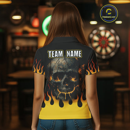 Custom Yellow Fire Flame Cracked Skull Dart Polo & 1/4 Zip Shirts For Women Dart Team Jerseys NYN0068