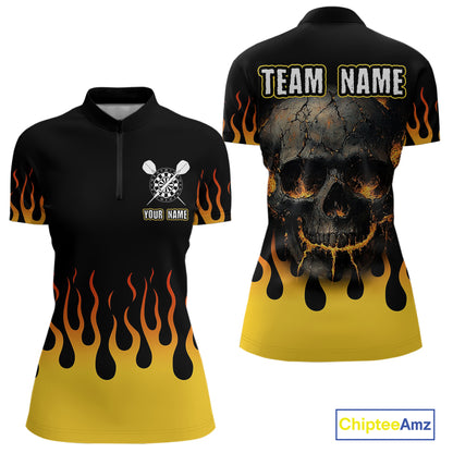 Custom Yellow Fire Flame Cracked Skull Dart Polo & 1/4 Zip Shirts For Women Dart Team Jerseys NYN0068