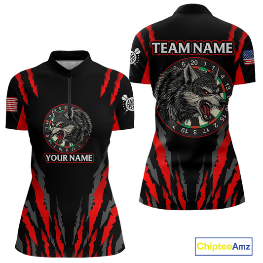 Custom Black-Red Wolf Dartboard Dart Shirts For Women US Flag Dart Team Jerseys NYN0073