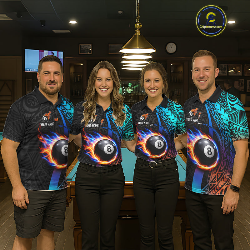 Blue And Red Flaming 8 Ball Billiard Shirt For Women Custom Tribal Pool Polo & 1/4-Zip Team Jersey NYN2987