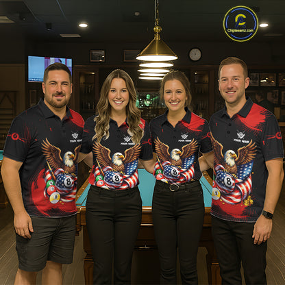 Custom Red Grunge US Flag Eagle Billiard Pool Shirts For Women 8 Ball Patriotic Billiard Team Attire NYN2781