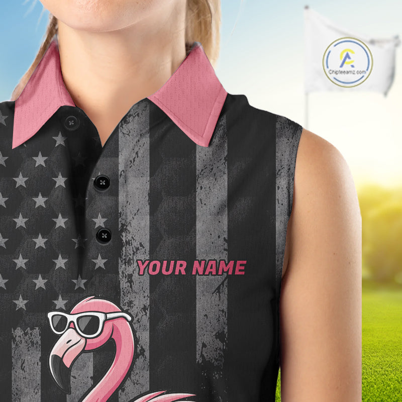 Custom Black Patriotic Golf Sleeveless Polo Shirts For Women, Funny Flamingo Best Golf Clothing Shirts NYN2995
