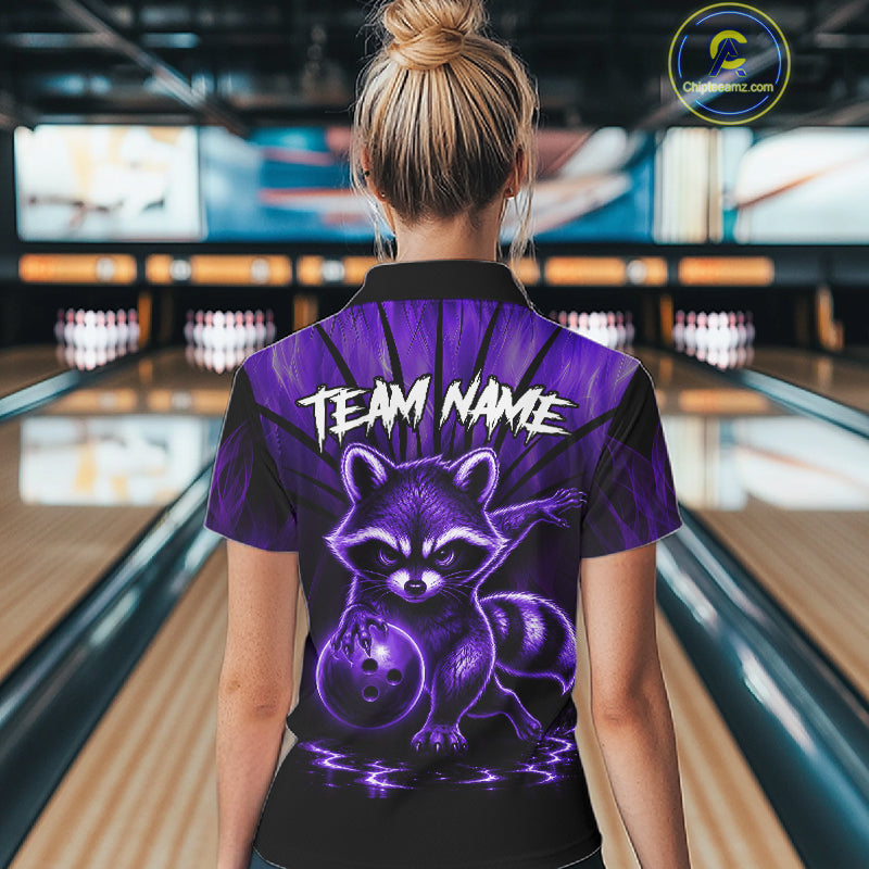 Purple Flames Custom Funny Raccoon Womens Bowling Shirts Bowling Team Shirt For Bowlers NYN3410