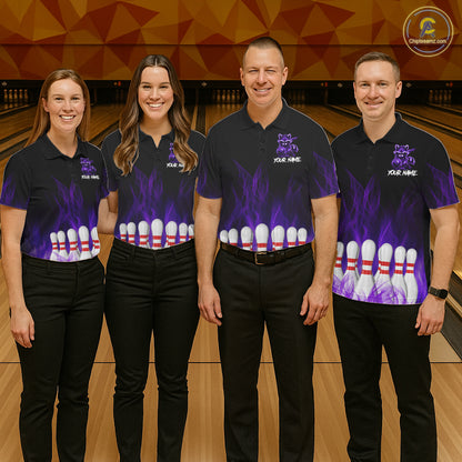 Purple Flames Custom Funny Raccoon Mens Bowling Shirts Bowling Team Shirt For Bowlers NYN3410
