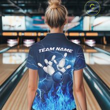 Load image into Gallery viewer, Custom Womens Bowling Thunder Lightning Shirts, Fire Flame Bowling Team Jerseys | Blue NYN3419