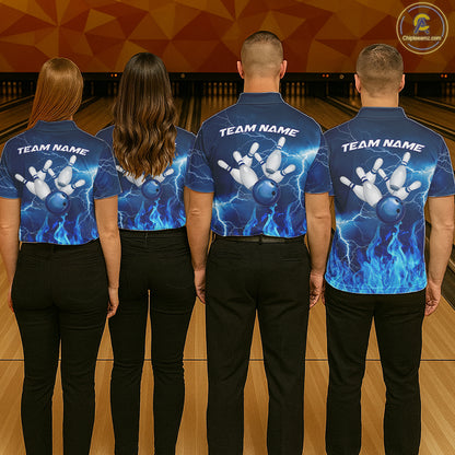 Custom Mens Bowling Thunder Lightning Shirts, Fire Flame Bowling Team Jerseys | Blue NYN3419