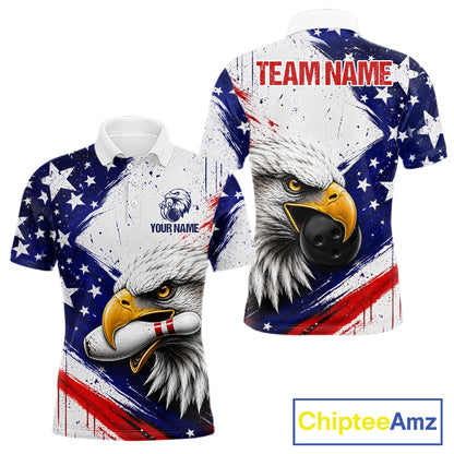 Men's custom bowling polo featuring distressed grunge eagle with bowling ball and pins, personalized performance bowling shirt for USBC tournaments, bowling leagues, patriotic sportswear, eagle lovers, wildlife enthusiasts and outdoor adventurers, symbolizing freedom, leadership, courage, resilience and victory