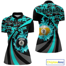 Load image into Gallery viewer, Black Teal Camo Flame 8 Ball 9 Ball Pool Shirt For Women Custom Billiard Team Jersey