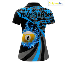 Load image into Gallery viewer, Black Blue Camo Flame 8 Ball 9 Ball Pool Shirt For Women Custom Billiard Team Jersey