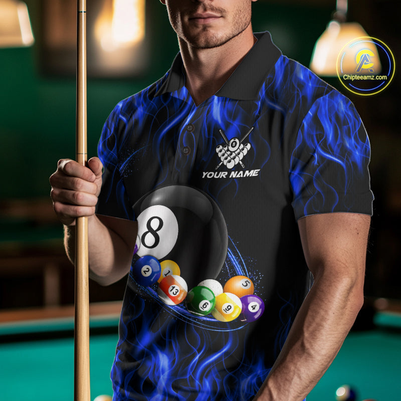 Fire Flame 8 Ball Billiard Pool Shirt For Men Custom Blue Light Billiard Ball Team Jersey NYN3434