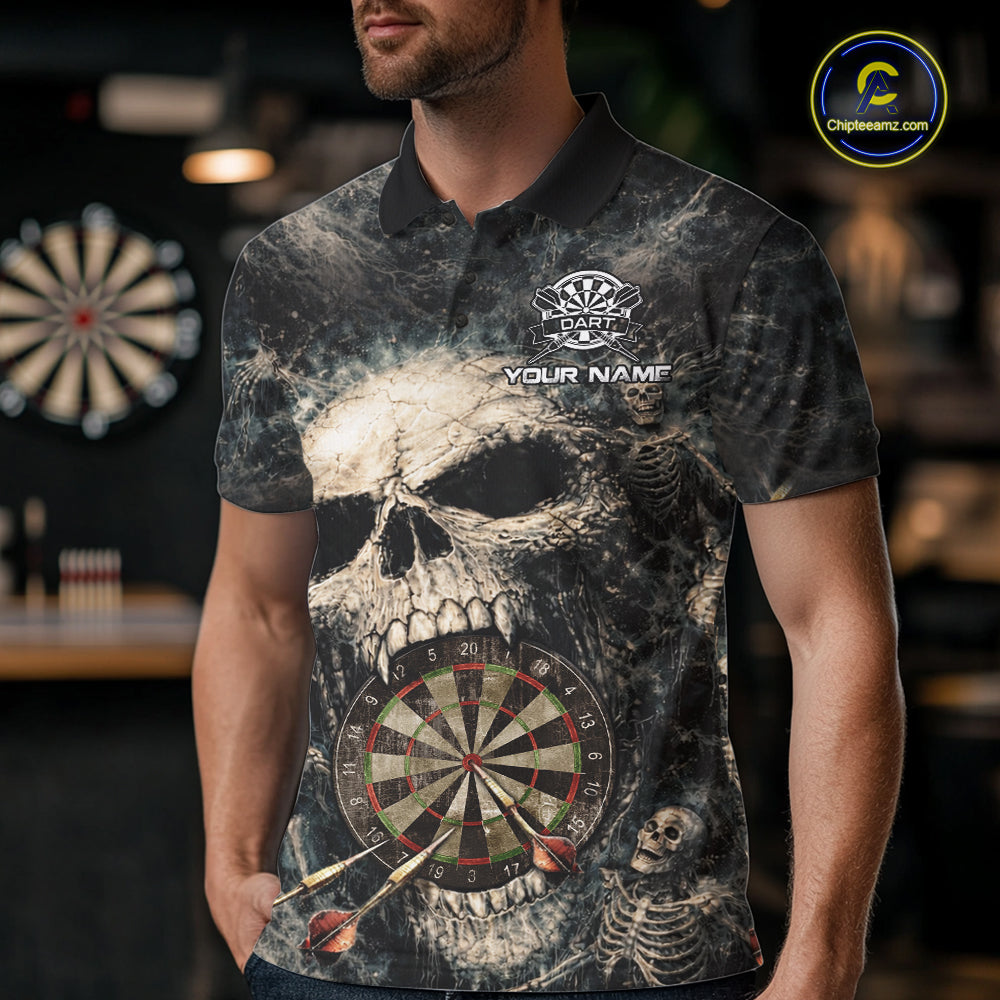 Grunge Horror Grey Skull Vintage Dartboard & Arrow Men Darts Polo Shirt Custom Dart League Shirts NYN2642