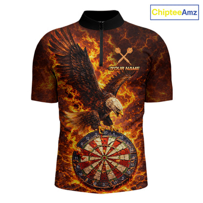 Fire Flame Eagle Red-Blue Cracked Dartboard Men Darts 1/4-Zip Shirt Custom Dart League Shirts NYN2644