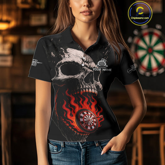 Custom Red Flames Skull Dartboard Dart Women Polo Shirt Grunge Dart Team Jerseys NYN1613