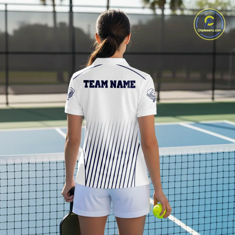 Custom White And Blue Stripes Pickleball League Jerseys Women Pickleball Paddle Team Shirts NYN2162