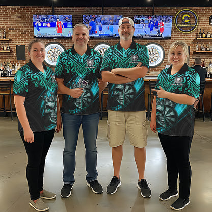 Teal Tribal Cracked Crown Skull Dartboard Women Darts Polo Shirt Custom Dart League Shirt NYN2648