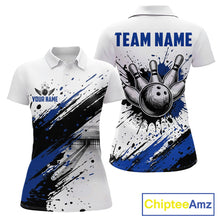 Load image into Gallery viewer, Black and blue splatter paint bowling ball and pins shirt for women custom bowling attire