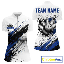 Load image into Gallery viewer, Black and blue splatter paint bowling ball and pins shirt for women custom bowling attire
