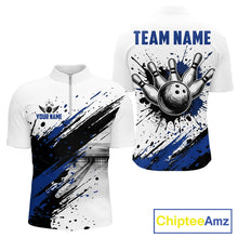 Load image into Gallery viewer, Black and blue splatter paint bowling ball and pins shirt for men custom bowling attire