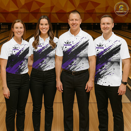 Black And Purple Splatter Paint Bowling Ball & Pins Shirts Custom Team Bowling Attire For Men NYN3448