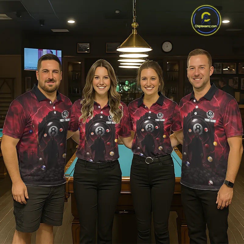 Red Multi-Skull 8 Ball Pool Men Polo & 1/4-Zip Team Shirt Custom Billiard Ball & Cue Gifts NYN2435