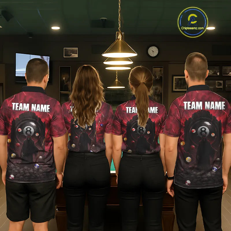 Red Multi-Skull 8 Ball Pool Men Polo & 1/4-Zip Team Shirt Custom Billiard Ball & Cue Gifts NYN2435