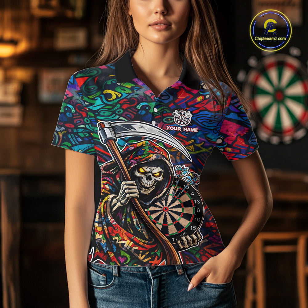 Graffiti Grim Reaper Dartboard & Arrow Darts Polo Shirt For Women Custom Funny Dart Team Shirt NYN2658
