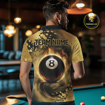Custom Black And Gold Splatter Billiard Pool Shirts For Men Flame 8 Ball Billiard Team Attire NYN3018
