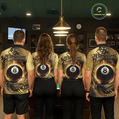 Custom Black And Gold Splatter Billiard Pool Shirts For Women Flame 8 Ball Billiard Team Attire NYN3018