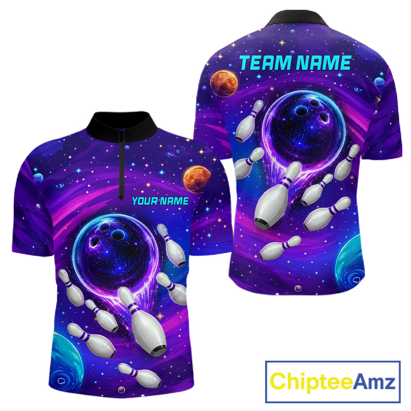 Men's purple blue abstract quarter zip bowling shirt custom bowling jersey mockup