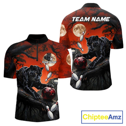 Men's black red panther quarter zip bowling shirt custom bowling jersey mockup
