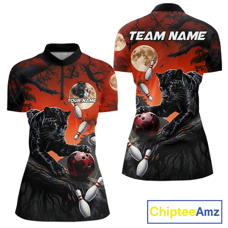 Women's black red panther quarter zip bowling shirt custom bowling jersey mockup
