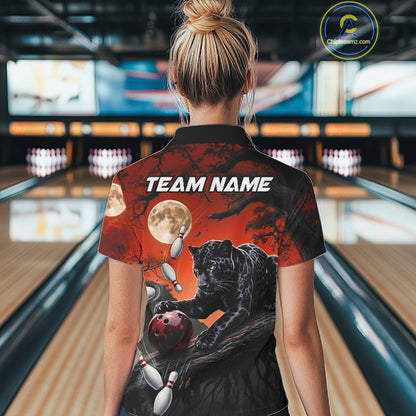 Woman wearing black red panther bowling shirt custom bowling apparel