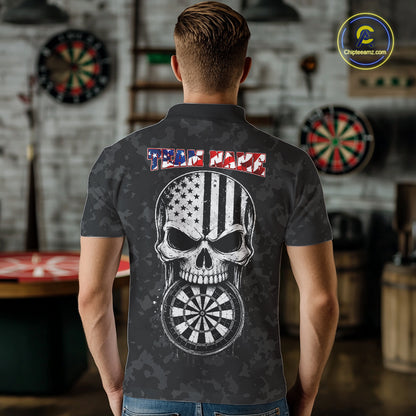 Male model wearing Patriotic Skull Eagle Black Darts Polo, Personalized USA Tournament Jersey