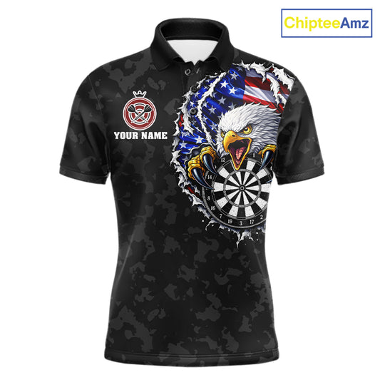 Patriotic American Flag Skull Eagle Camo Women's Darts Polo Shirt Mockup, Black Custom USA Dart Team Jersey, Personalized Tournament Apparel