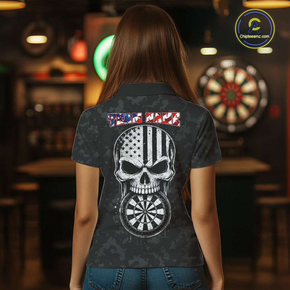 Female model wearing Patriotic Skull Eagle Black Women's Darts Polo, Personalized USA League Apparel