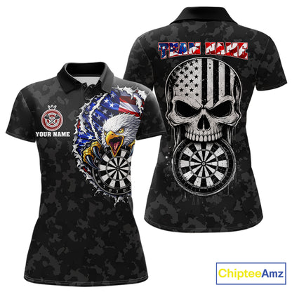 Patriotic American Flag Skull Eagle Camo Women's Darts Polo Shirt Mockup, Black Custom USA Dart Team Jersey, Personalized Tournament Apparel