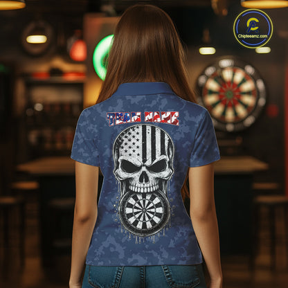 Female model wearing Patriotic Skull Eagle Blue Women's Darts Polo, Personalized USA League Apparel