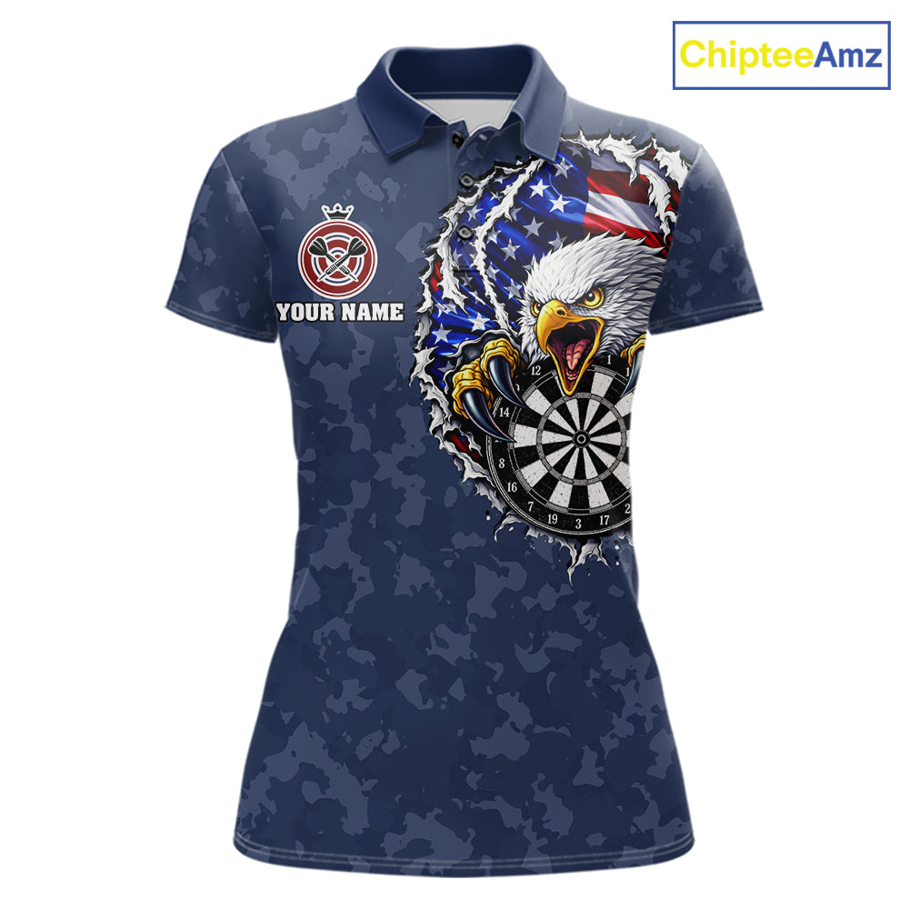 Patriotic American Flag Skull Eagle Camo Women's Darts Polo Shirt Mockup, Blue Custom USA Dart Team Jersey, Personalized Tournament Apparel