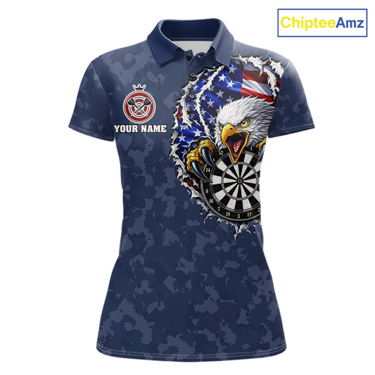Patriotic American Flag Skull Eagle Camo Women's Darts Polo Shirt Mockup, Blue Custom USA Dart Team Jersey, Personalized Tournament Apparel